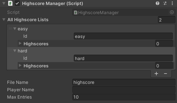 Die Komponente HighscoreManager in Unity